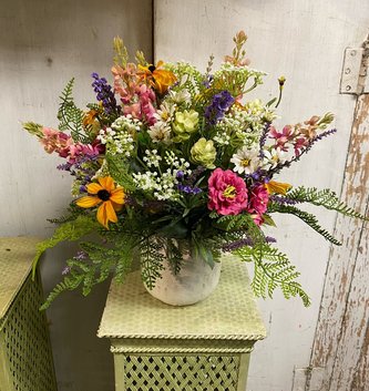 Custom Cottage Rose & Wildflowers in Ceramic Container Arrangement