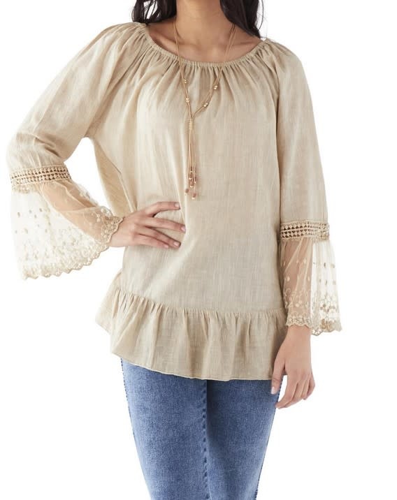 Lace Cuff Tan Sleeve Top (4-Sizes)