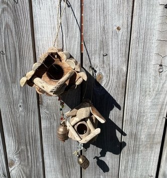 Small Driftwood Hanging Birdhouse w/ Bell (2-Styles)