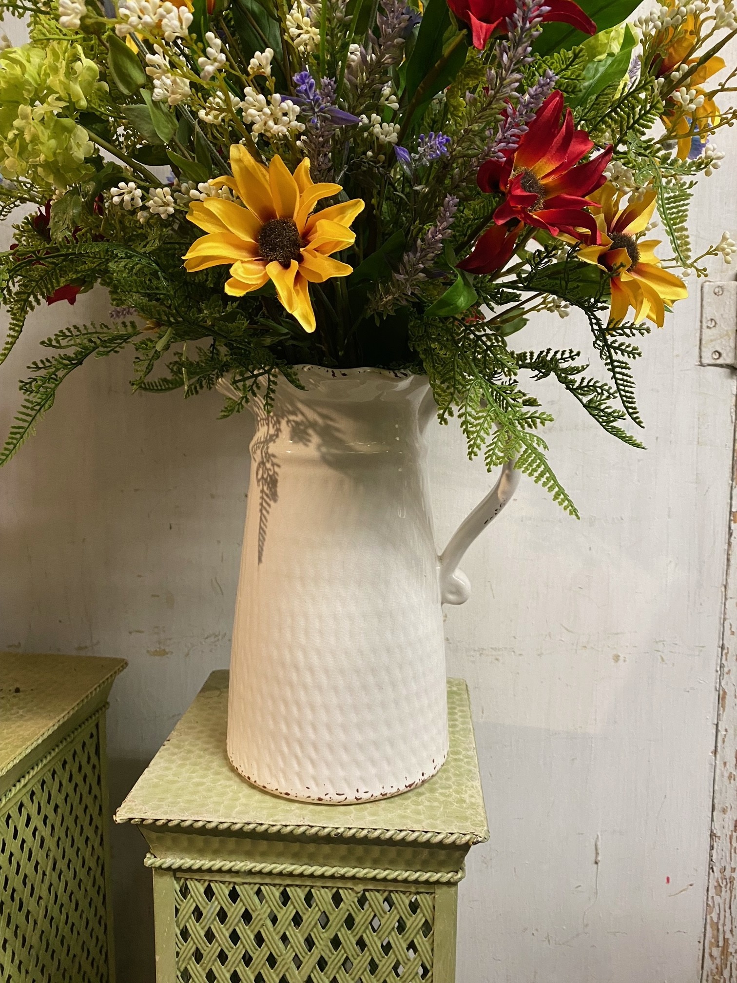 Custom Highland Meadow in White Scalloped Pitcher Arrangement