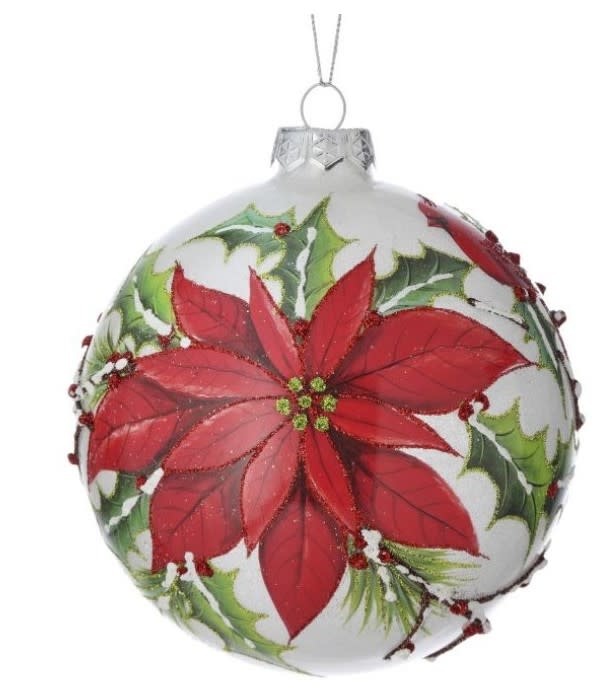 Round Glass Poinsettia Cardinal Ornament