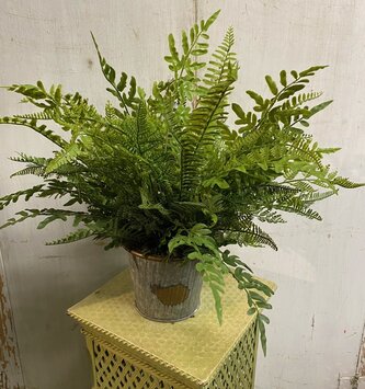 Custom Real Touch Fern in Rustic Galvanized Ribbed Pot