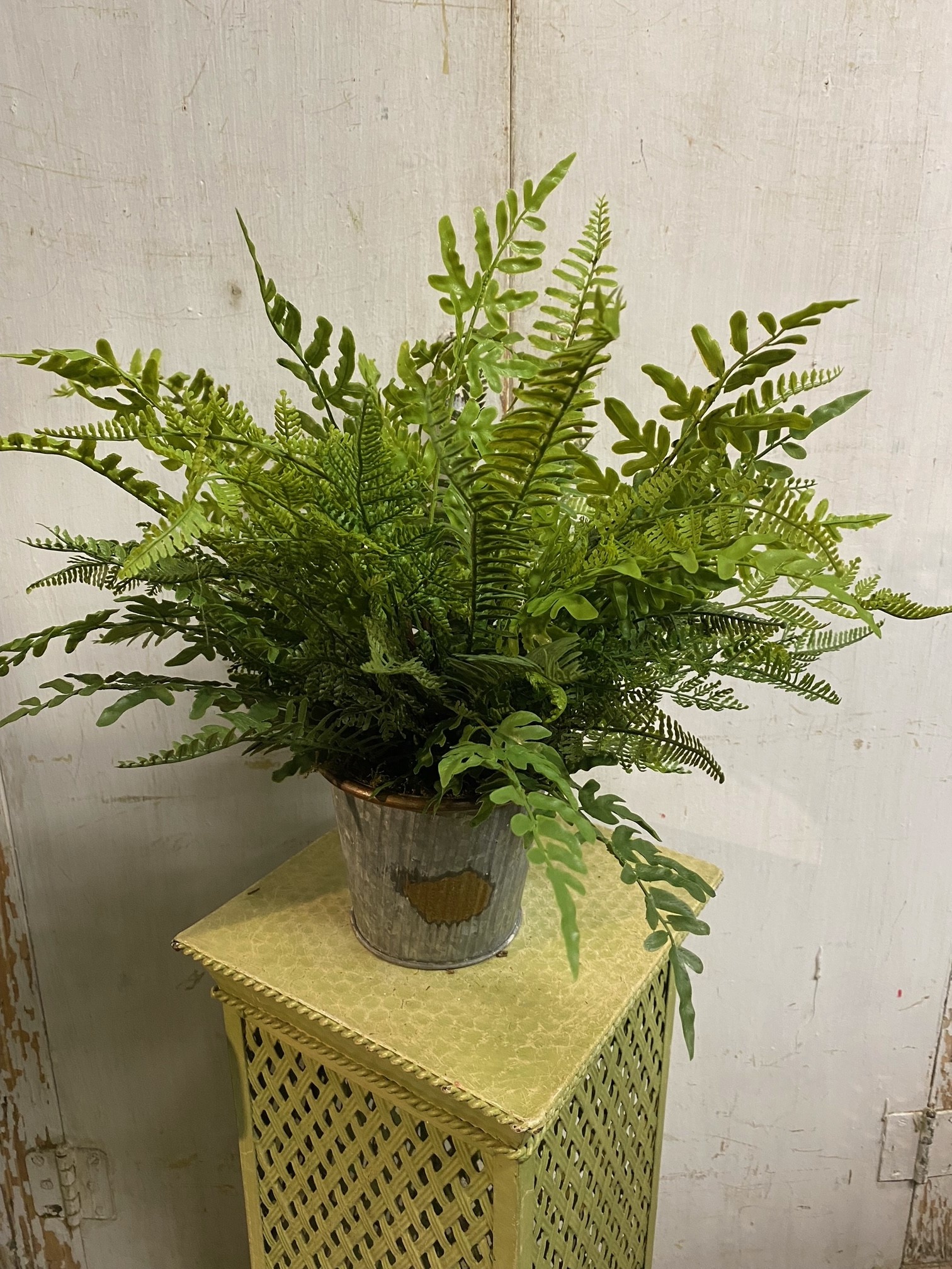 Custom Real Touch Fern in Rustic Galvanized Ribbed Pot