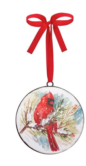 Metal Cardinal on Branch Disk Ornament (2-Styles)
