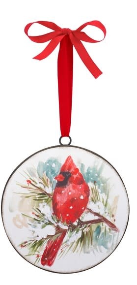 Metal Cardinal on Branch Disk Ornament (2-Styles)