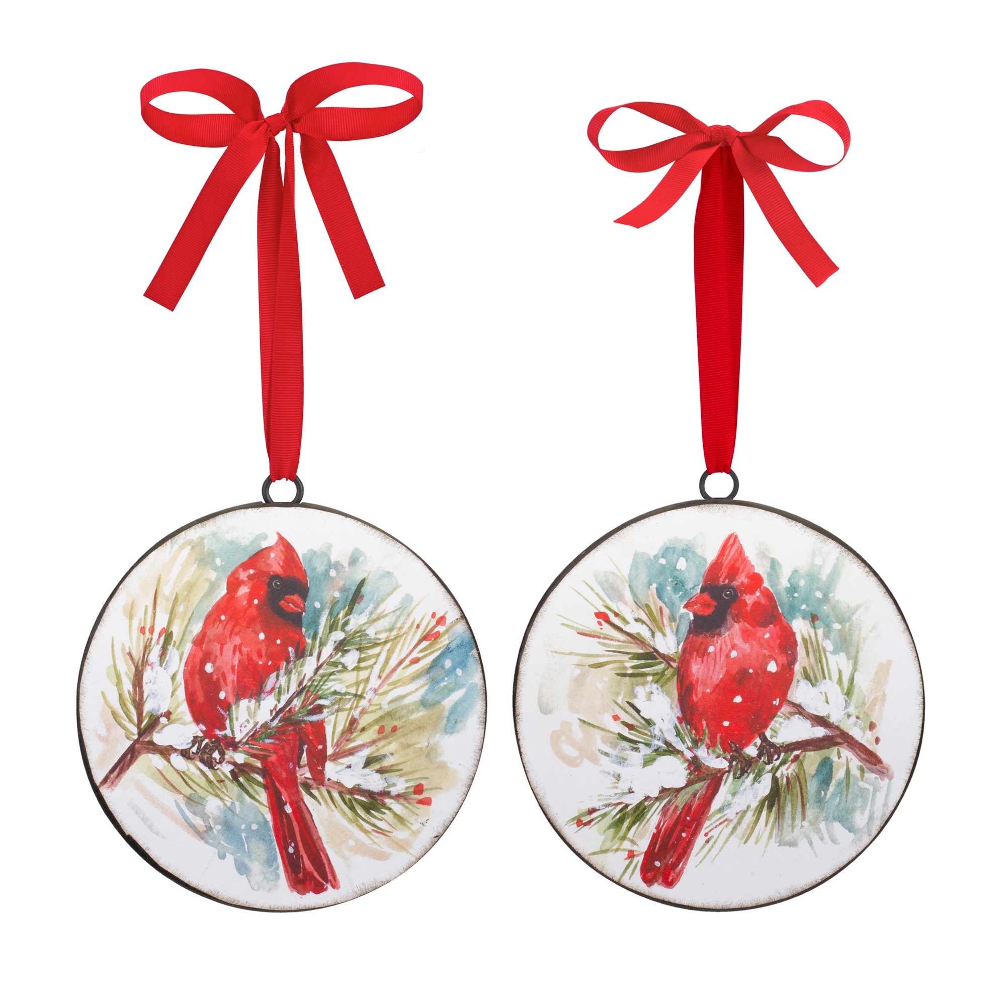 Metal Cardinal on Branch Disk Ornament (2-Styles)