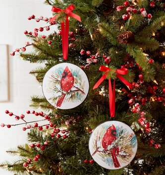 Metal Cardinal on Branch Disk Ornament (2-Styles)