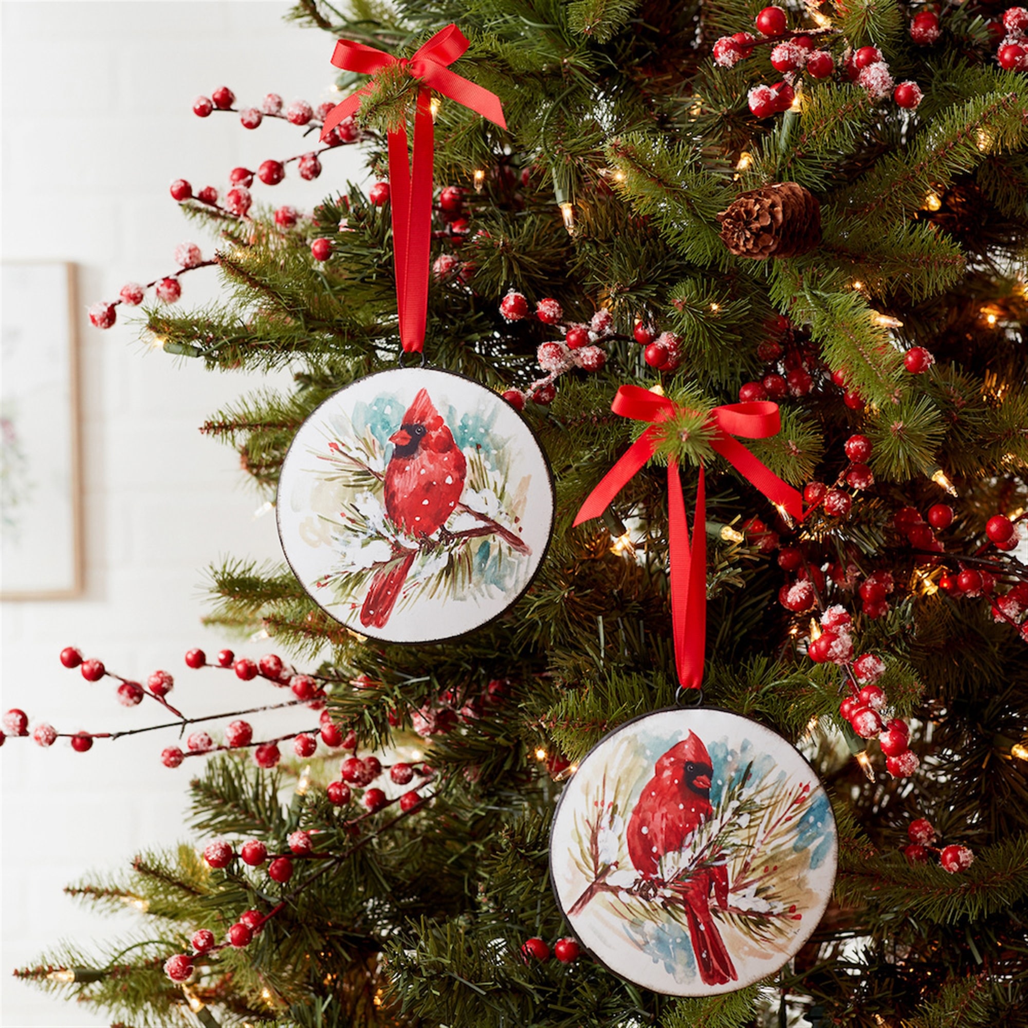 Metal Cardinal on Branch Disk Ornament (2-Styles)