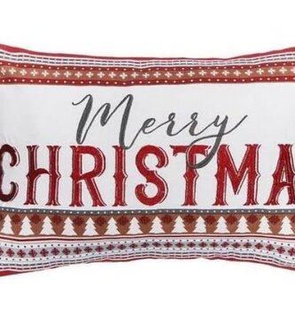 Red Gray Embroidered Merry Christmas Pillow