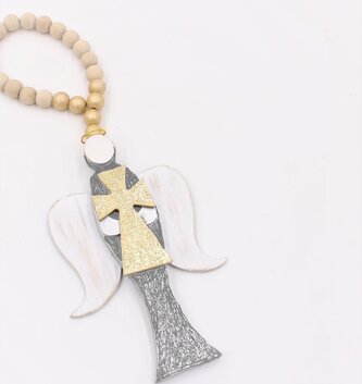6" Beaded Wood Angel w/ Cross Ornament