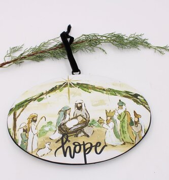 9" Metal Oval Nativity Scene Ornament