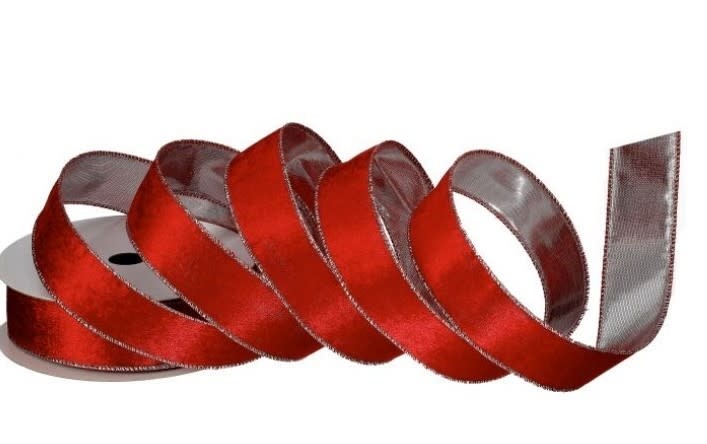Wired Red Velvet Ribbon With Silver Tinsel, Red Silver Christmas