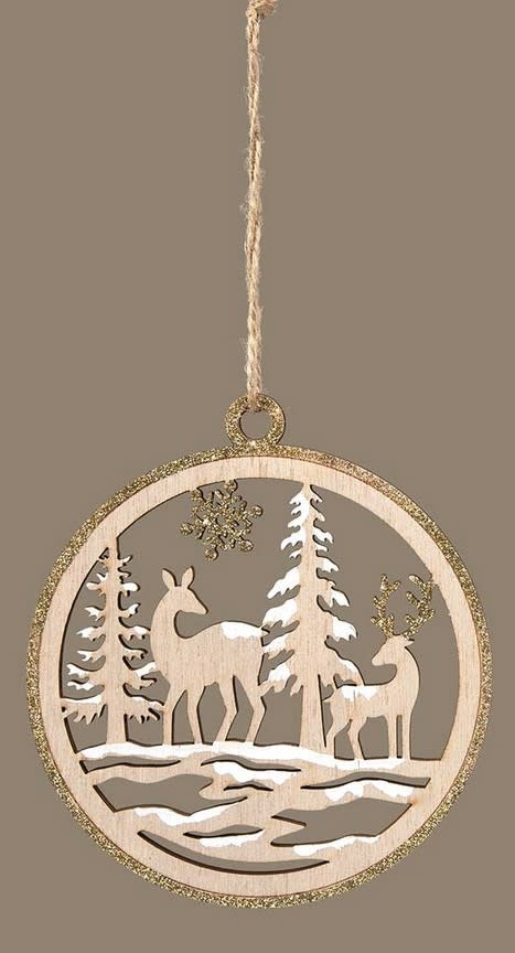 Round Reindeer Scene Wooden Ornament (2-Styles)