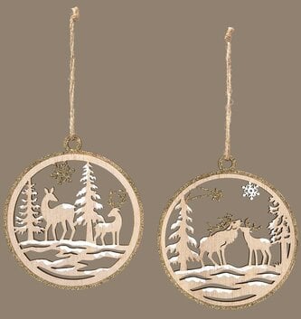 Round Reindeer Scene Wooden Ornament (2-Styles)