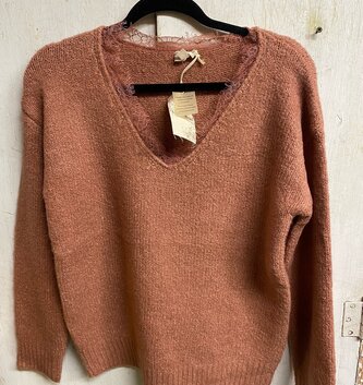V-Neck Lace Neckline Rose Sweater