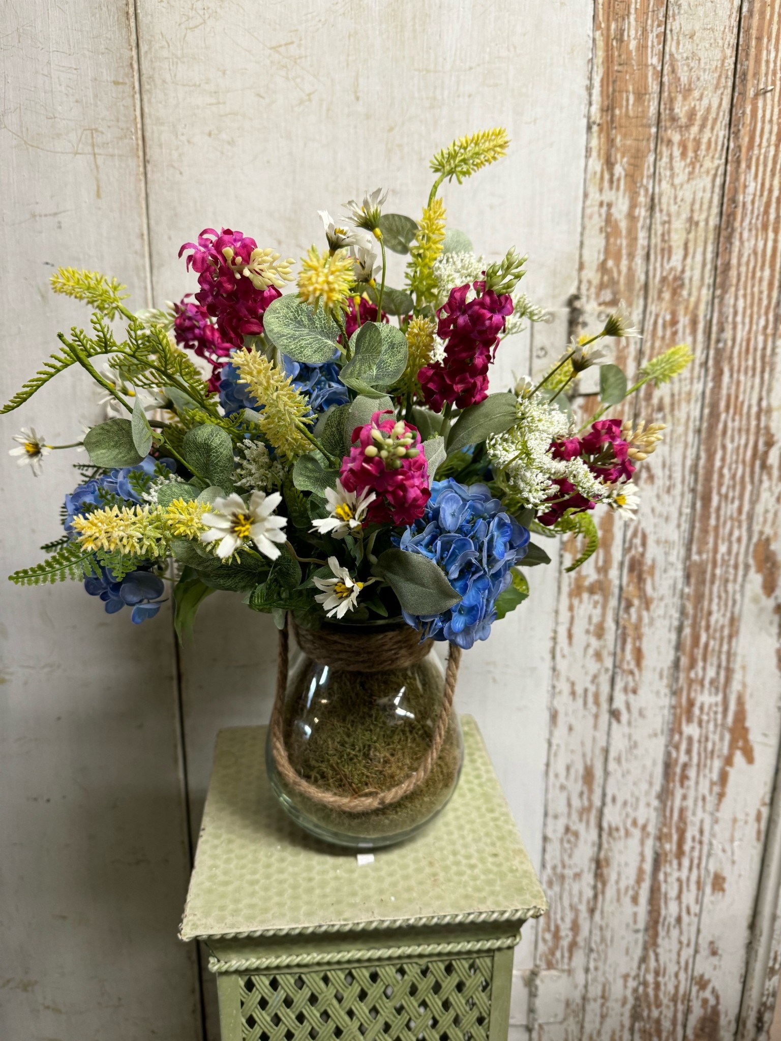 Custom Hydrangea Wildflower Arranement in Glass Rope Vase