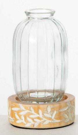 Glass Vase w/ Wooden Carved Base