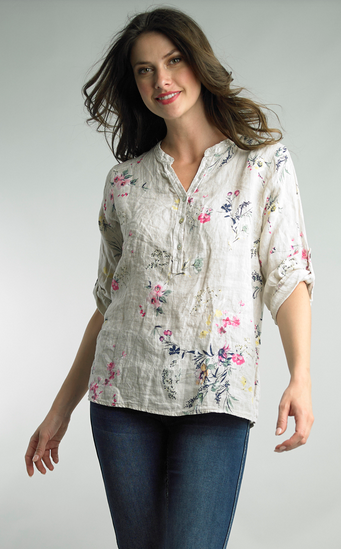 Tempo Paris Roll Sleeve Floral Linen Top by Tempo Paris (2-Colors)