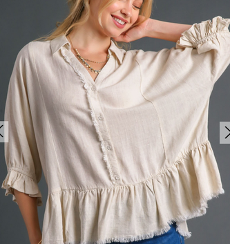 Umgee Button Detail Frayed Hemline Top (2-Colors)