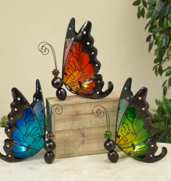 Solar Lighted Metal & Glass Butterfly (3-Styles)