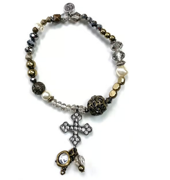 Thin Beaded Rhinestone Cross Bracelet