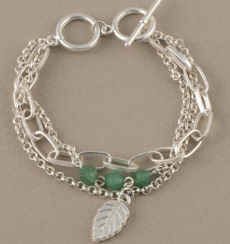 Triple Silver Chain Bracelet w/ Green Beads