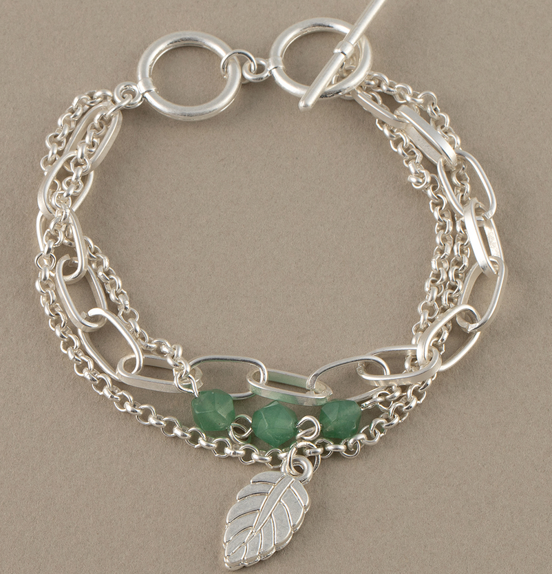 Triple Silver Chain Bracelet w/ Green Beads