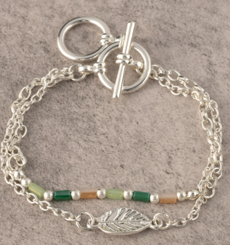 Double Silver Chain Bracelet w/ Green Beads