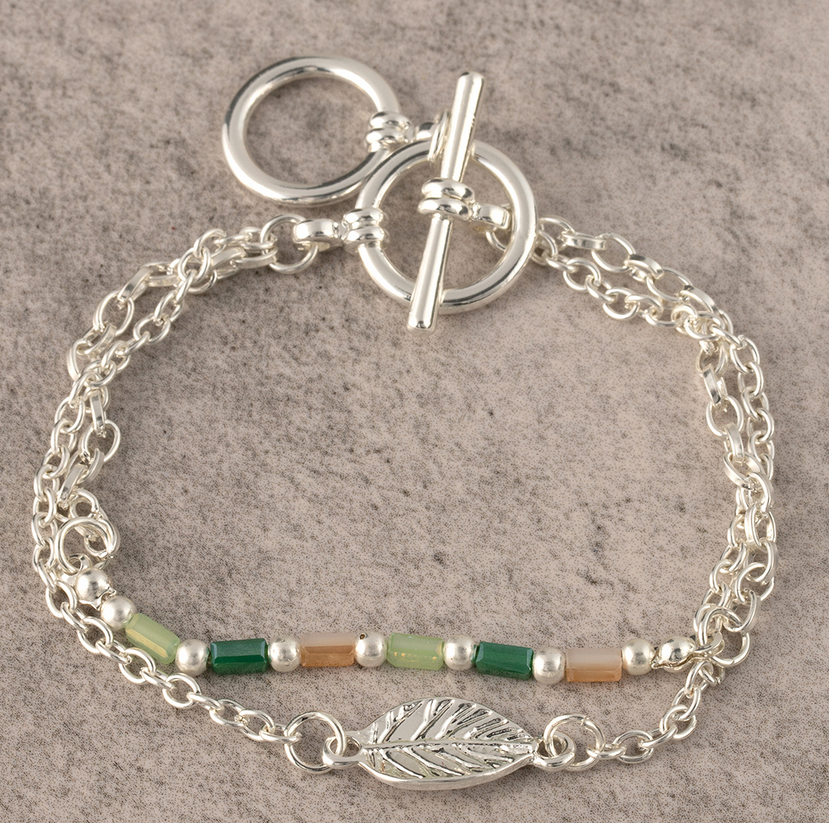 Double Silver Chain Bracelet w/ Green Beads