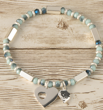 Blue Beaded Heart Stretch Bracelet