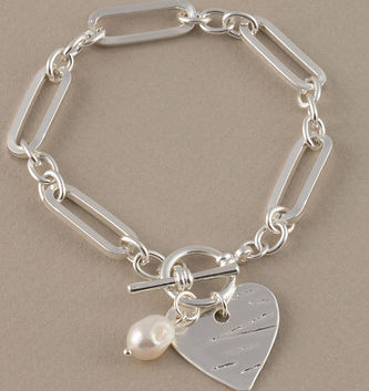 Silver Link Heart Bracelet w/ Pearl