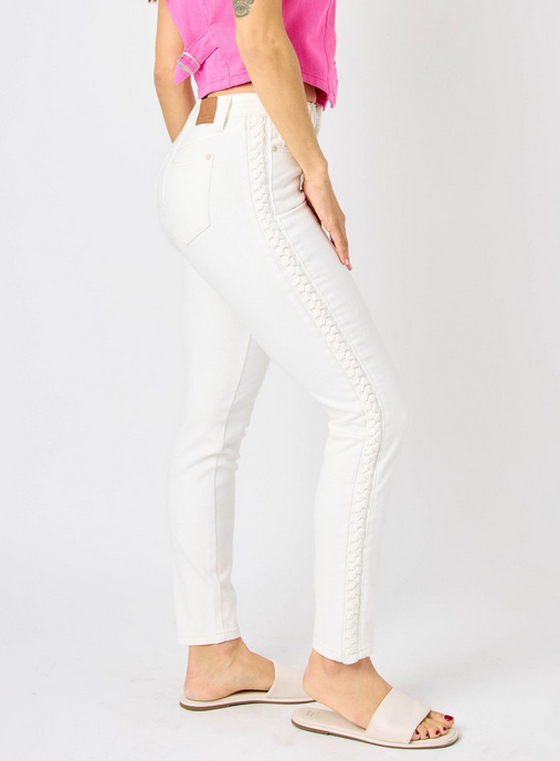 Judy Blue Mid Rise Braided White Relax Fit Jeans By: Judy Blue
