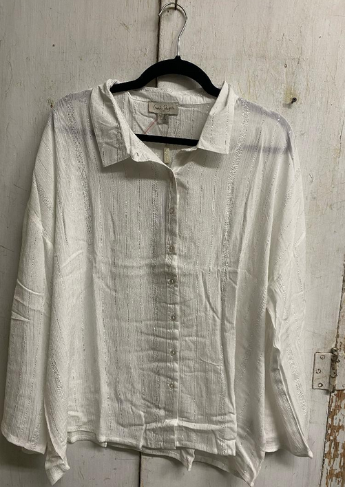 Charlie Paige Silver Striped Button-Up White Top by: Charlie Paige