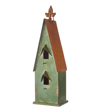 Rustic Green Bird House with Finial Top