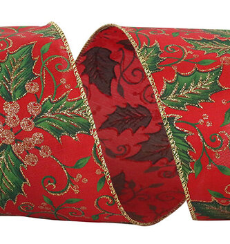 4" x 10 YDS Satin Glitter Holly Leaf Ribbon