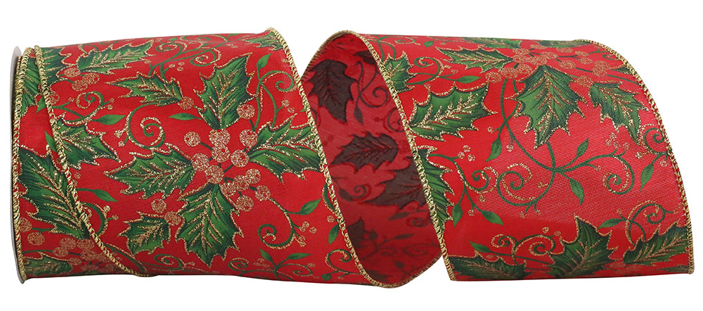 4" x 10 YDS Satin Glitter Holly Leaf Ribbon