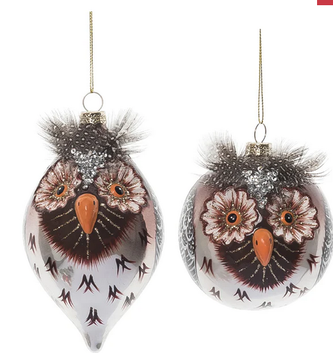 Glass Owl Ornament w/ Feathers (2-Styles)