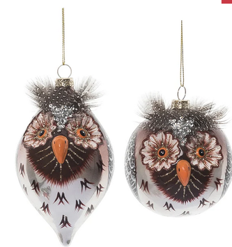 Glass Owl Ornament w/ Feathers (2-Styles)