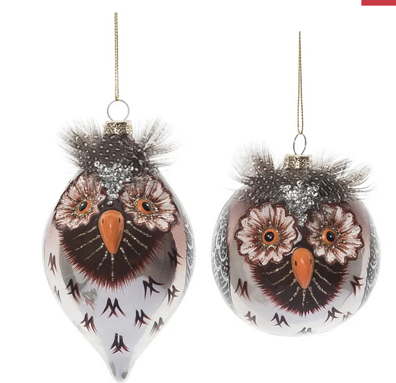 Glass Owl Ornament w/ Feathers (2-Styles)