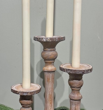 Set of 3 Rustic Carved Candle Sticks