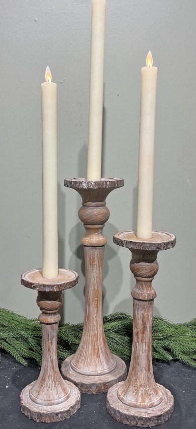 Set of 3 Rustic Carved Candle Sticks