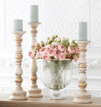 Set of 3 Gold Whitewashed Curved Wooden Candle Sticks