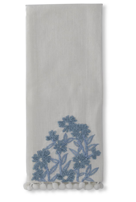 White & Blue Linen Floral Towel