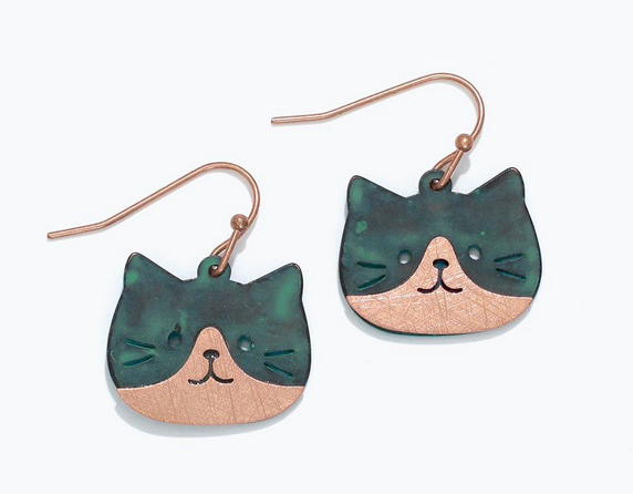 Patina & Copper Cat Face Earrings
