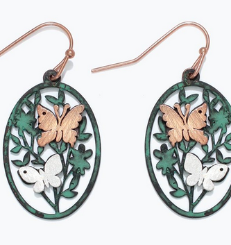 Butterfly with Patina Flowers Earrings