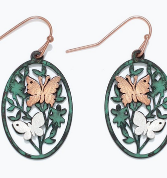 Butterfly with Patina Flowers Earrings