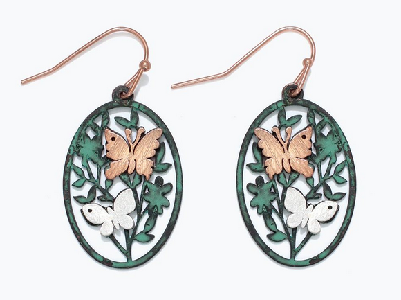 Butterfly with Patina Flowers Earrings