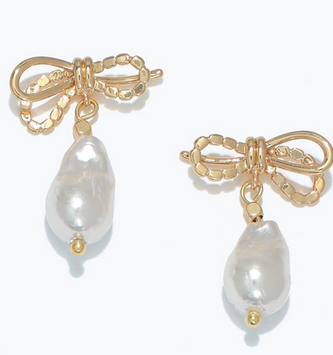 Gold Bows With Pearl Drop Earrings