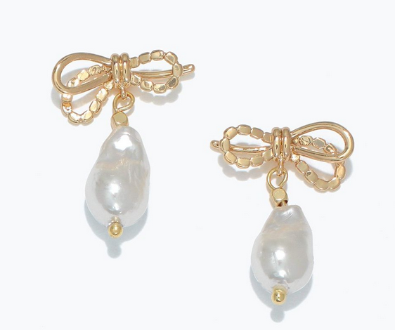 Gold Bows With Pearl Drop Earrings