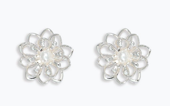 Silver Flowers With Pearl Earrings